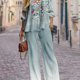 Plus Size Casual Outfits Set, Women's Plus Floral Print Long Sleeve Round Neck Top & Wide Leg Pants Outfits Two Piece Set