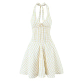 Sexy Backless Halter Mini Plaid Dress Women Deep V Lacing Up Bandage Back A-line Holiday Summer Dresses Short Robe