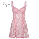 Ingvn - Sweet Cute Lace Cami Dress See Through Sexy Slim Sleeveless Ruffles Bow A-Line Mini Dresses For Women Summer Spring Lady