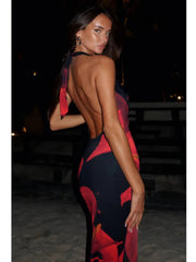 Elegant Sleeveless Swinging Neck Printed Slim Dress Women Sexy Open Back Lace Up Bodycon Long Dress Vacation Beach Party