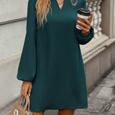 Elegant Lantern Notched Neck Mini Dress - Women's Simple Long Sleeve Dresses for Special Occasions - Classic, Chic, and Comfortable Clothing for Ladies