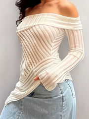 Long Sleeve Off Shoulder Asymmetrical Hem T-Shirt - Soft, Casual, and Chic Top for Spring and Fall - Womens Comfortable Clothing for Everyday Wear