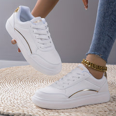Plus Size Women's White Comfort Low-top Lightweight Flat Soft Sole Lace Up Casual Solid Color Sneakers