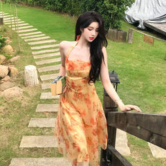 Women Midi Floral Halter Slip Dress Summer Vintage Painting Flowers Backless Casual Party Night Vacation Runway Vestidos