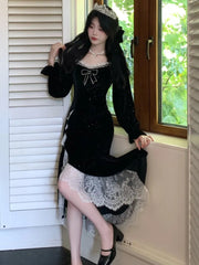 Vintage Mermaid Evening Dresses for Women Elegant Sequins Velvet Lace Patchwork Slit Party Dress Autumn Slim Fit Vestidos Mujer