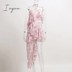 Ingvn - Elegant Party Dresses Y2k Sexy Halter Sleeveless Robe Floral Print Ruffle Vintage Midi Dress New Arrival Vestidos