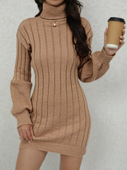 Cozy Ribbed Turtleneck Sweater Dress - Soft, Casual, Long Sleeve, Solid Color, Women's Comfortable Clothing for Daily Wear - Perfect for Fall and Winter Seasons