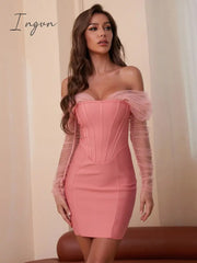 Ingvn - Fashion Trends Summer Women Sexy Off Shoulder Long Sleeve Backless Mesh Pink Mini Bodycon Bandage Dress Elegant Evening Club Party Dress