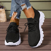 Women's Solid Color Fashion Sneakers, Lace-up Thick Sole Casual Running Shoes, Lightweight Breathable Walking Shoes, Non-Slip Soft Sole, All-Season Comfort Sports Shoes, Fabric Upper, PVC Sole, Fabric Lining, No Print