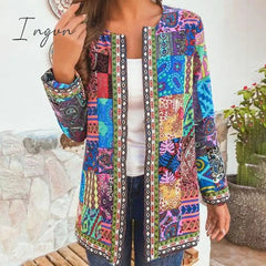 Ingvn - 6XL Jacket Coat Women Fashion Autumn Winter Ethnic Floral Print Long Sleeve Loose Jacket Coat Cardigan Loose Outerwear Chic Top