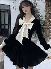 Autumn Velvet Mini Dress for Women French Vingate Bow Neck Lace Patchwork Evening Party Dresses Korean One Piece Vestidos Mujer