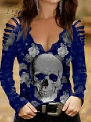 Ingvn - Women's Going Out Tops Burgundy Tee Blouse Halloween Shirt Black Wine Blue Floral Skull Cut Out Print Long Sleeve Halloween Casual Weekend Basic Off Shoulder V Neck Regular Fit Floral Painting Cold