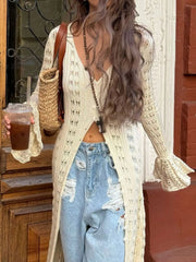 Ruffled Hem Openwork Longline Cardigan