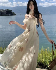 Elegant Ruffles Floral Midi Dresses Summer New Fashion Spaghetti Strap A-line Beach Vestidos Women Holiday Sundress Clothing