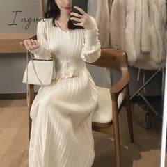 Ingvn - Knitted Dress Women Casual Long Sleeve Vintage Elegant Office Sweater Dress Female Spring One-piece Dress Korean Outerwear