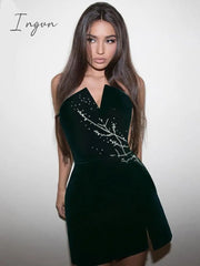 Ingvn - Womens Fall Fashion V Neck Velvet Dress Women Sexy Sleeveless Elegant Fashion Female Clothes Solid Backless Strapless Side Split Dress Black