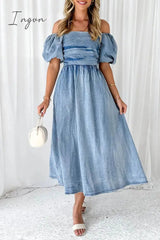 Elegant Solid Fold Off the Shoulder Short Sleeve Denim Dresses