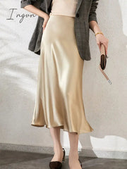 Ingvn - Women High Waisted Skirt Silk Satin Skirts A-Line Elegant Skirts Summer Pink Midi Skirt New Korean Style pencil skirt 2023