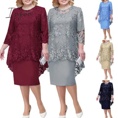 Ingvn - Women Plus Size Dress O-neck Midi Loose Dress M-5XL Lady Evening Lace Mesh Sexy Elegant Dress Female Clothing Summer Autumn