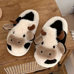 Womens Cartoon Cow Slippers - Plush Warm Lining, Closed Toe Fuzzy Slides, Ultimate Indoor Comfort for Cozy Days