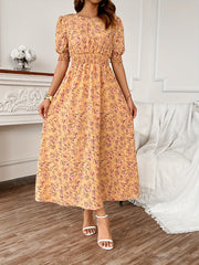 Blossoming floral print dress - Romantic Puff Sleeves & Shirred Bodice - Perfect for Spring/Summer - Flattering Crew Neck - Stylish Womens Casual Wear
