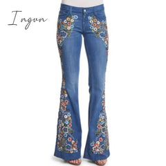 Ingvn - Trends Hot Sale Women Embroidered Bell Bottoms Skinny Jeans Floral Flared Jeans Ladies Spring Casual Denim Pants XS-4XL