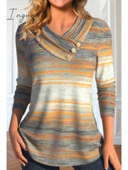 Ingvn - Women's Sweatshirt Pullover Basic Button Orange Striped Casual V Neck Long Sleeve Top Micro-elastic Spring & Fall
