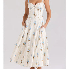New Fashion Women Floral Print A-line Midi Elegant Party Dresses Sexy Wide Straps Lace Spliced Holiday Summer Dress