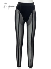 Ingvn - New Sexy See-through Black High Waist Long Trousers Casual Sweatpants Women Autumn Elastic Pencil Pants Mesh Leggings