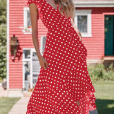 Women's A-Line Dot Polka Print Long Dress V-Neck Wedding Guest, Graduation, Party Maxi Dress