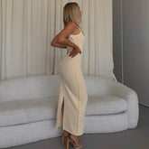 Bright Line Decoration Slip Backless U Neck Skinny Maxi Dress Spring Bodycon Fashion Y2K Streetwear Outfits
