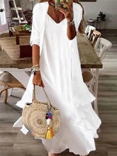 Ingvn - Women's Plain Casual Dress Cotton Linen Dress Dress Set Maxi long Dress Cotton Blend Fashion Elegant Outdoor Daily V Neck Ruffle Layered 3/4 Length Sleeve Summer Dress Spring Fall 2023 Regular Fit