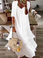 Ingvn - Women's Plain Casual Dress Cotton Linen Dress Dress Set Maxi long Dress Cotton Blend Fashion Elegant Outdoor Daily V Neck Ruffle Layered 3/4 Length Sleeve Summer Dress Spring Fall 2023 Regular Fit