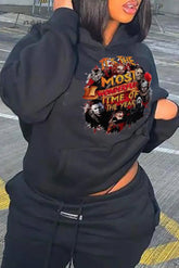 Ingvn - Black Vintage Character Draw String Hooded Collar Tops