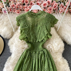 Ingvn - Vintage Purple/Green/Red Lace Midi Dress Women Sweet Round Neck Ruffle Vestidos Female High Waist Slim Robe Spring Autumn