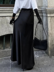 Ingvn Women's High Waisted Solid Long Skirt Elegant Lce Silk Satin Slim Fit Skirt Fashion Office Lady Summer Long Skirt