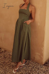 Ingvn - Sexy Solid Pocket Fold Halter Sleeveless Dresses
