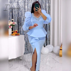 Ingvn - Chic Women Long Dresses Beaded Sweetheart Neck Tulle Long Sleeve High Waist Slit Dress Elegant Date Night Business Club Wear 3XL