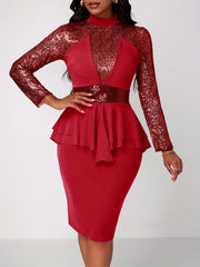 Solid Sequin Long Sleeve Tie Waist Dress, Vintage Bag Hip Bodycon Pencil Dress, Women's Clothing