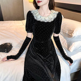 Elegant Fashion Velvet Black Midi Dresses for Women Autumn New Vintage Slim Casual Evening Birthday Party Female Clothing