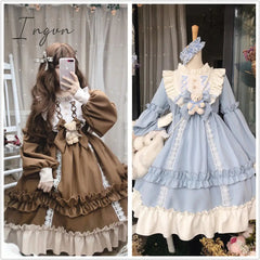 Ingvn - Japanese Gothic Lolita Dress Women Kawaii Bow Bear Lace Blue Dress Long Sleeve Princess Dress Halloween Costume Gift For Girls