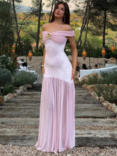 Off-shoulder Backless Sexy Maxi Dress Women Metal Flower Pink Patchwork Sleeveless Ruched Pleated Club Party Dress 2025