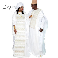 Ingvn - African Dresses For Couples Traditional Bazin Embroidery Dresses Floor Length Dress With Scarf Couple Design