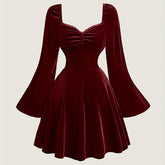 Velvet Elegant V-Neck Long Sleeve Dress - Pleated with Lace Detail, Perfect for Fall/Winter Parties & Banquets