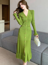 Solid Knitted Dresses for Women Autumn Single Breasted Chic Flared Sleeve Ruffles Hem Casual Female Office Elegant Robes