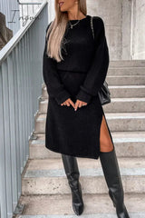 Ingvn - Elegant Simplicity Solid Slit O Neck Long Sleeve Dresses