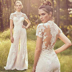 Pbong mid size graduation outfit romantic style teen swag clean girl ideas 90s latina aestheticNew Country Jumpsuits Wedding Dresses Custom Made Elegnat High Neck Short Sleeve Lace Appliqued Beach Boho Bridal Gowns
