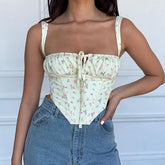 Black Floral Corset Women Summer Sexy Backless Boned Lace Up Crop Top Party Casual Wear Prairie Chic Print Tops New