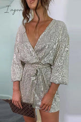 Ingvn - British Style Solid Sequins V Neck A Line Dresses