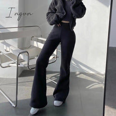 Ingvn - New High Street Elastic Waist Solid Color Flare Pants For Women Spring Autumn Thick Casual Female Trouser BSXM new years eve outfits women